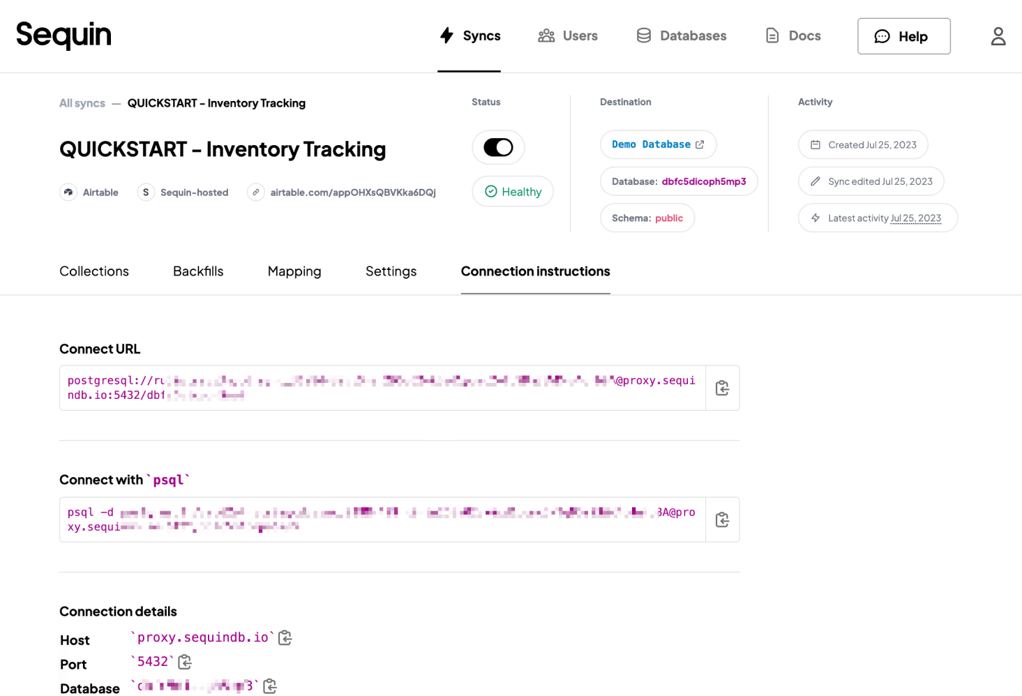 Sequin Console, showing the connection instructions page which lists the credentials for connecting to the Postgres database